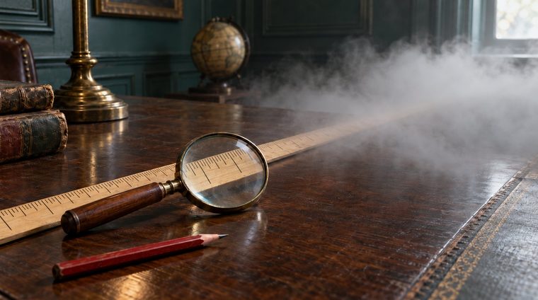 Illustration : une longue règle graduée posée sur une table, parfaitement nette au premier plan, dont la suite est avalée par un épais brouillard gris ; une loupe démesurément grosse est posée à côté.